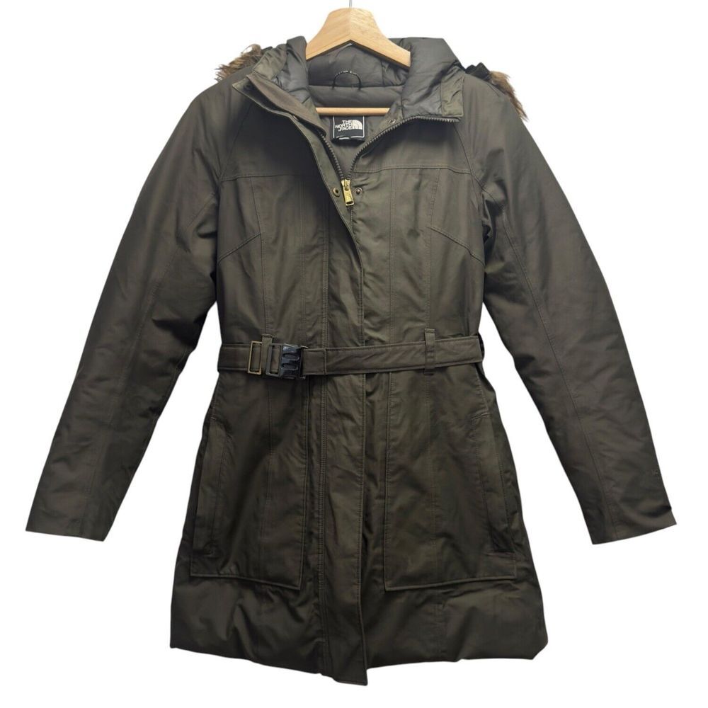 The North Face Women's Sz S Brooklyn Green Faux Fur Down Belted Zip Parka Jacket